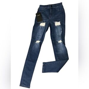 FITJEANS Distressed Skinny Jeans - Size S (Small/Girls Fit) - (0-2)Dark Wash -